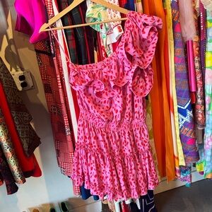 Buddy Love Pink One-Shoulder Ruffle Tiered Mini Dress with Red Spot Print